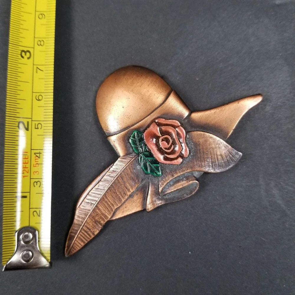 Vintage Copper Tone Sun Hat Brooch with Rose and Feather Detail Enamel Accent